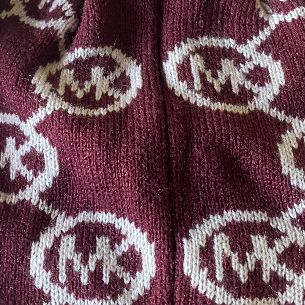 Michael Kors Rib Knit Beanie All-Over MK Print Burgundy White One Size NWT
